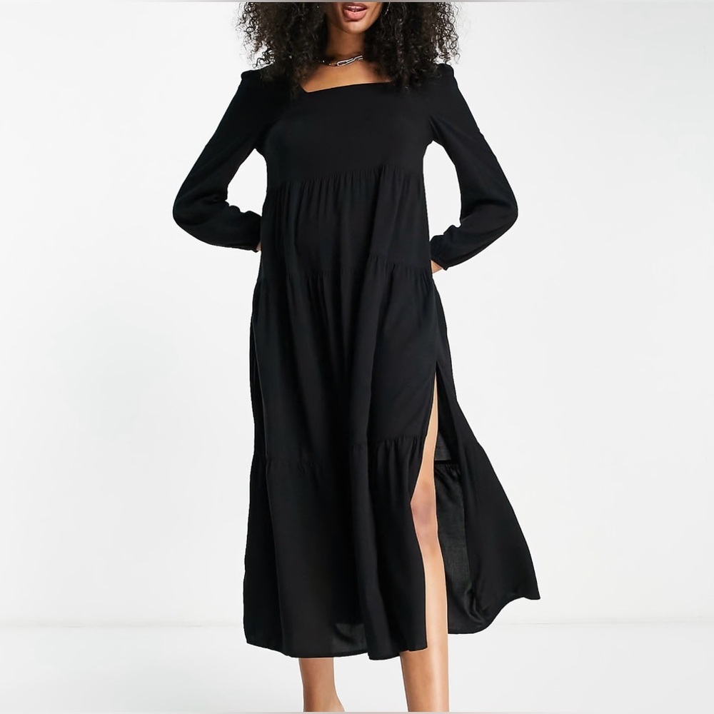 Vila square neck dress with side slit in black